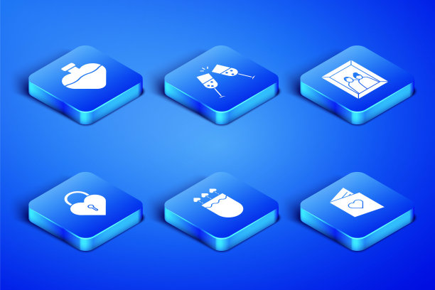 集情人节传单与心，瓶爱情药水，箭袋和箭，城堡的形状，玻璃香槟和相框图标。向量图片下载