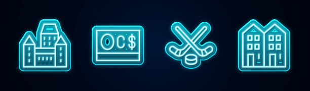 集线Chateau Frontenac酒店，加拿大元，冰球棍和冰球和房子。发光的霓虹灯图标。向量图片下载