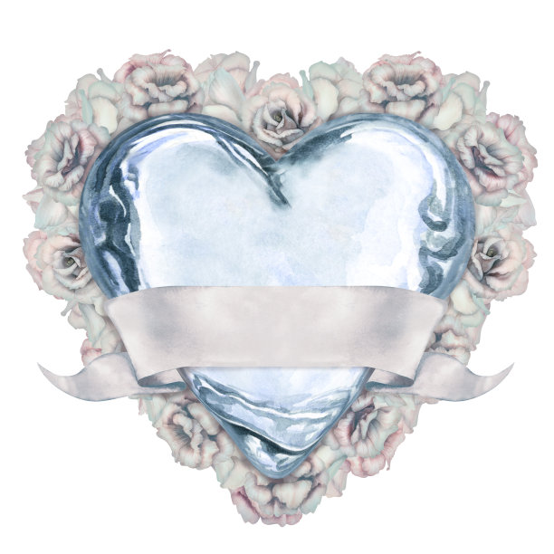 冰水彩心脏在花圈白色的花丝带横幅婚礼卡片，邀请模板。爱的象征孤立在白色背景的婚礼贴纸，标签，剪贴簿，标志图片下载