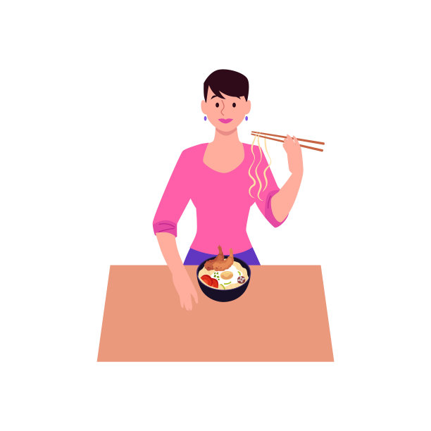 女人用筷子吃面条，矢量中国面条配虾，蔬菜，鸡蛋和香料，亚洲美食菜单图片下载