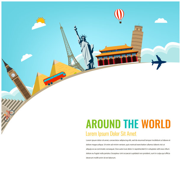 拉威尔的作品与著名的世界地标。旅游和旅游业。概念网站模板。向量图片下载
