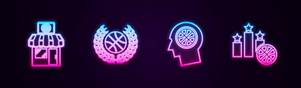 设置线体育商店和篮球，奖励与，思想和获奖者领奖台。发光的霓虹灯图标。向量图片下载