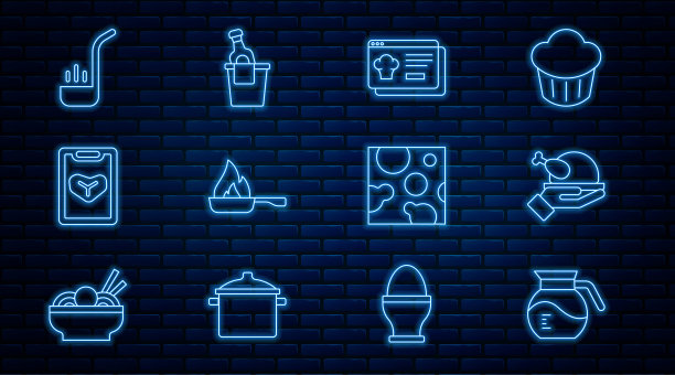 设置线咖啡壶，烤火鸡或鸡肉，在线订购和交付，煎锅，餐厅咖啡厅菜单，厨房勺子，奶酪和香槟冰桶图标。向量图片下载