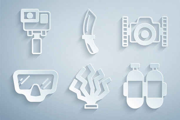 集珊瑚，照片相机潜水员，潜水面具，潜水器，刀和行动极端图标。向量图片下载