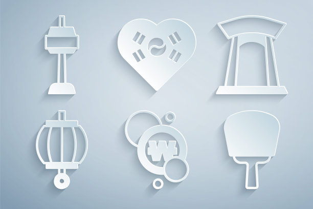 设置韩元硬币，大门，灯笼，手扇，爱心和N首尔塔图标。向量图片下载