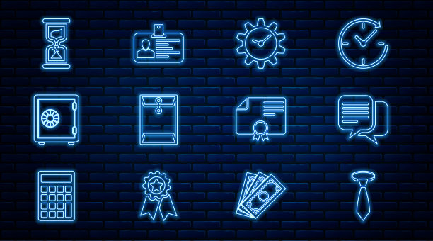 设置线领带，聊天，时间管理，信封，安全，旧沙漏，证书模板和标识徽章图标。向量图片下载