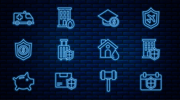 带盾牌的日历、房屋、毕业帽和硬币、旅行箱、盾牌美元、紧急车辆、洪水和房屋火灾图标矢量素材图片下载