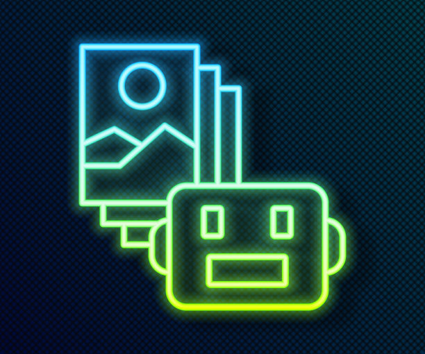 发光的霓虹灯线人工智能机器人图标孤立在黑色背景。机器学习，云计算。向量图片下载