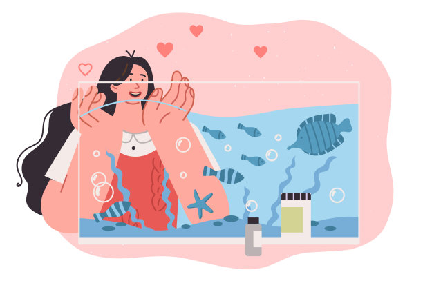 水族馆为快乐的十几岁的女孩看鱼在水中游泳，在藻类和泡沫图片下载