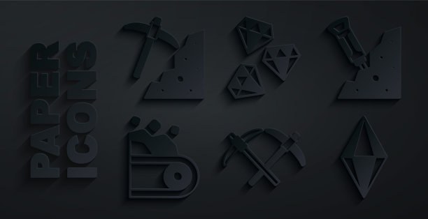 集鹤嘴锄，施工手提钻，传送带携带煤炭，宝石石，和图标。向量图片下载