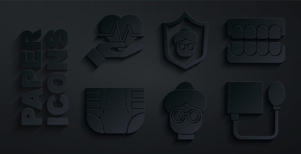 设置祖母，假颌，成人尿布，血压和心率图标。向量图片下载