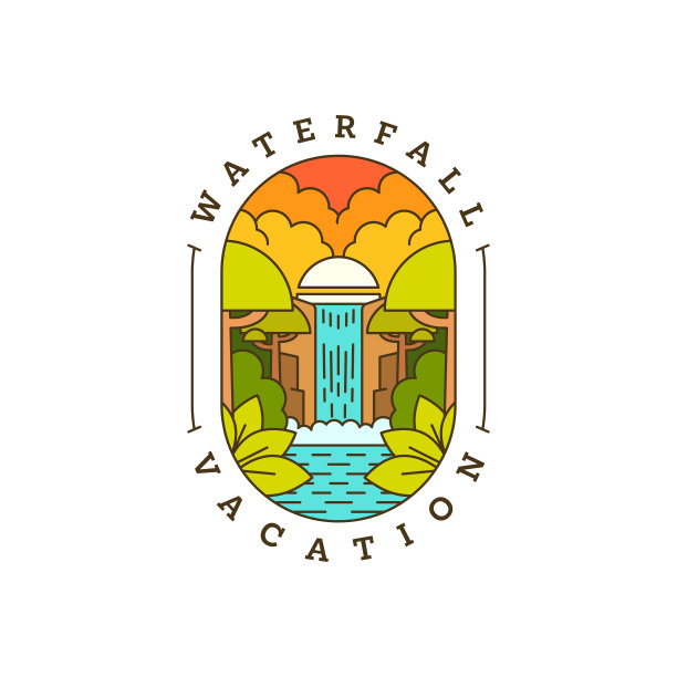 瀑布度假插图单线或线艺术风格矢量图片下载