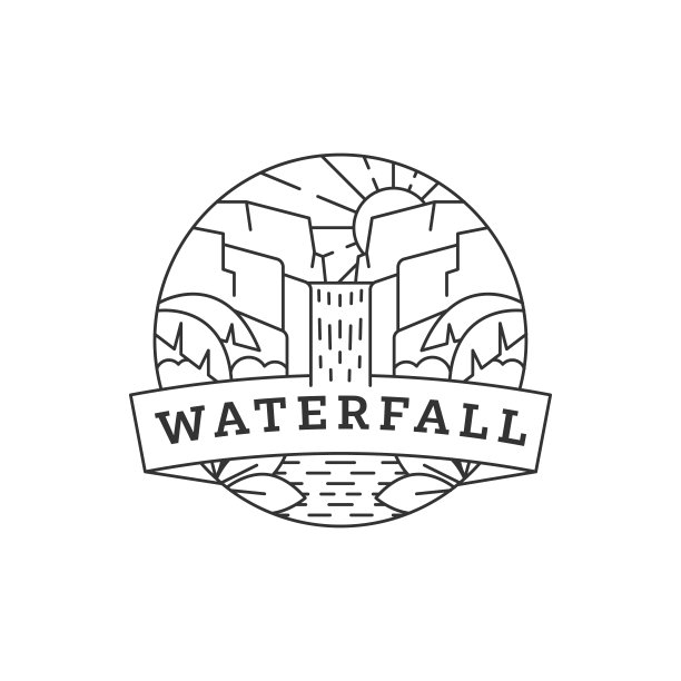 瀑布度假插图单线或线艺术风格矢量图片下载