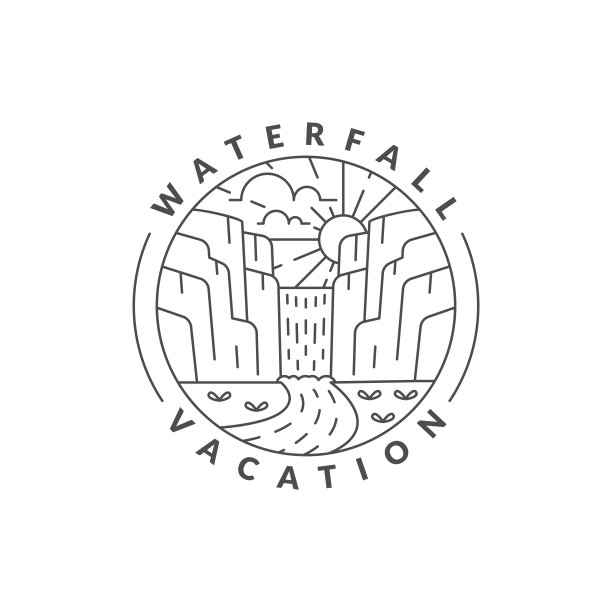 瀑布度假插图单线或线艺术风格矢量图片下载