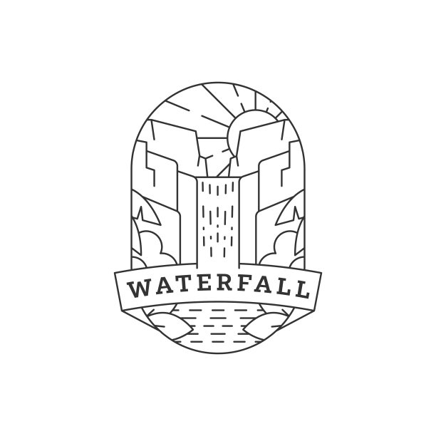 瀑布度假插图单线或线艺术风格矢量图片下载