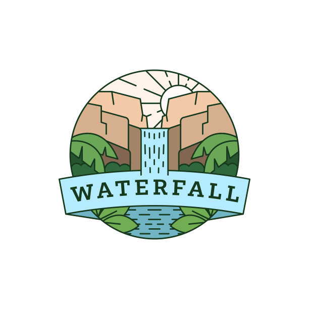 瀑布度假插图单线或线艺术风格矢量图片下载