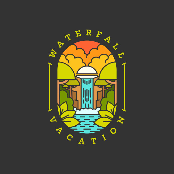 瀑布度假插图单线或线艺术风格矢量图片下载