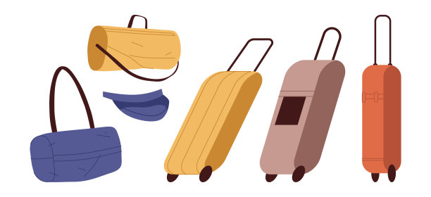 旅行用旅行袋和行李，塑料或纺织品制旅行袋。矢量隔离分类的个人物品手袋，旅游公文包。携带运动或网球器材图片下载