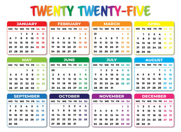 2025年星期一开头的彩色风景日历图片下载