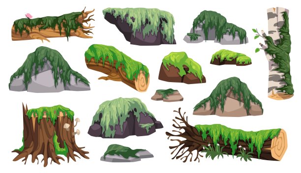 树桩和长着青苔的原木。树干和岩石长满了爬行的雨林地衣，游戏自然林地元素，茂密的森林植物，整齐的矢量卡通孤立集图片下载