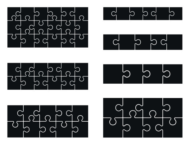 拼图片6,5,4,8x2, 10x2, 12x2, 18x3孤立在白色背景。拼图游戏矢量模板。图片下载