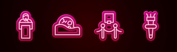 设讲座、人头骨、图片、绳障、火炬火焰。发光的霓虹灯图标。向量图片下载