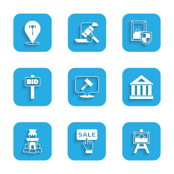 集拍卖锤，价格标签与销售，绘画，博物馆建筑，古代花瓶，手持拍卖桨，和图标。向量图片下载