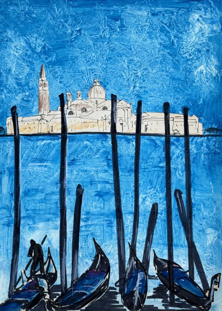 威尼斯贡多拉在泻湖，图形旅游素描。图片下载