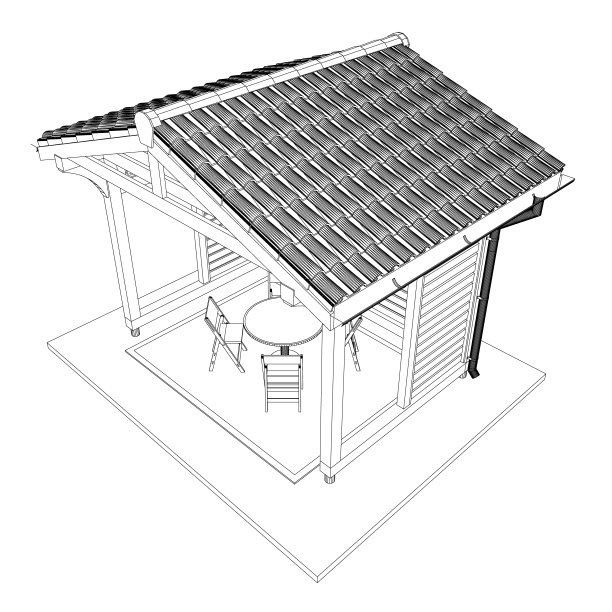 露台的轮廓。黑色轮廓线轮廓。凉亭的轮廓，有长凳、桌子和屋顶。矢量插图。3 d。图片下载