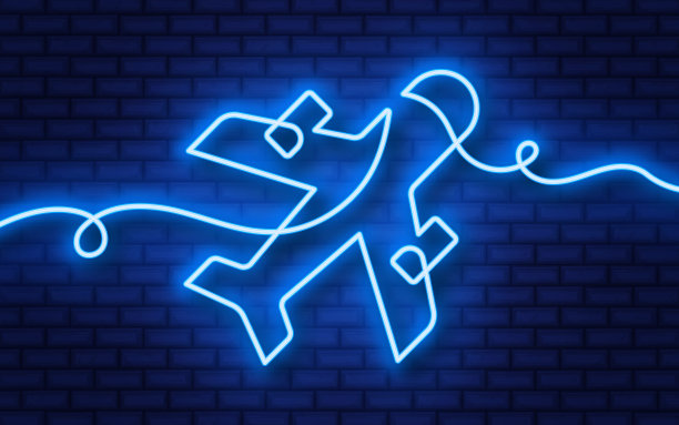 发光的霓虹灯连续线图标孤立的砖墙背景。蓝色机场图标图片下载