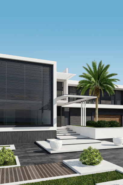 现代别墅入口立面当代建筑设计，带花园图片下载