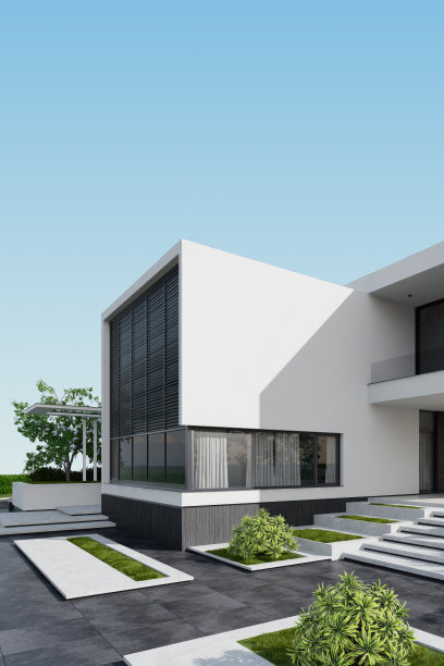 现代别墅入口立面当代建筑设计，带花园图片下载