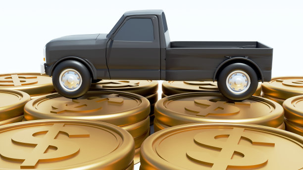 一辆卡车捡起汽车和散落的金币图片下载