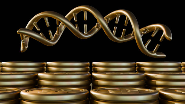 金DNA螺旋分子和一堆金币图片下载
