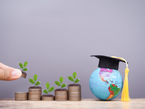 带有毕业帽的地球仪和在一堆硬币上生长的植物。为教育存钱的观念，学生贷款，奖学金，未来的学费图片下载