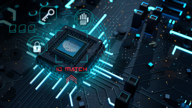 微芯片上的指纹扫描仪被挂锁、钥匙和手的图标包围在电路板上。三维演示图片下载