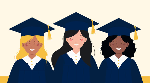 身着蓝色学士服，头戴毕业帽的快乐女毕业生。学院或大学典礼。图片下载