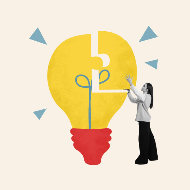 当代艺术拼贴。穿着单色服装的年轻女子，在米色的背景下，将拼图片连接成彩色灯泡的形式。图片下载