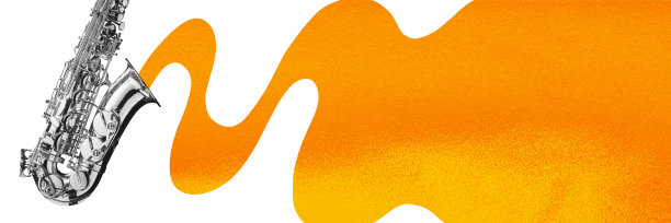 横幅。当代艺术拼贴。光滑的萨克斯管与啤酒波从它流出，作为声音，混合音乐和庆祝。图片下载