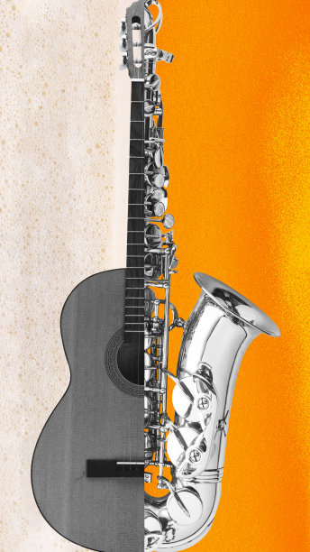 海报。当代艺术拼贴。原声吉他和萨克斯管的创意融合在泡沫啤酒的背景下。图片下载