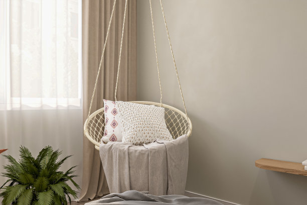 照片逼真的宽敞主卧室设有吊床吊椅对着窗户的天花板图片下载