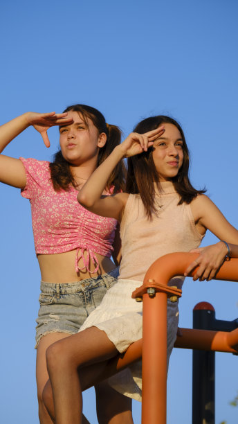 两个十几岁的女孩朋友，一个有点胖，另一个皮肤黝黑，一起在儿童公园里玩耍图片下载