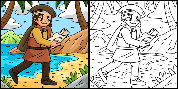 哥伦布日男人阅读地图填色插画图片下载