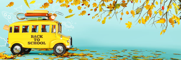 返校横幅。秋天的树和可爱的校车，书和配件在蓝色的背景与复制空间。图片下载