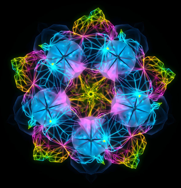 三维渲染超现实异形分形对称玻璃花曼陀罗符号在变换变形旋转过程中的抽象艺术，激光线条内部呈荧光霓虹灯色图片下载