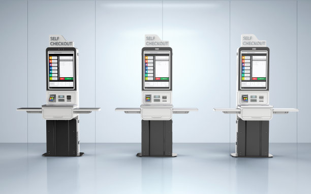 自助结账亭或自助付款机排成一排图片下载