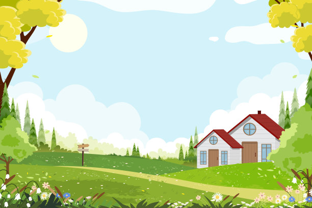 景观春天花园在公园与花，草地在山上与蓝天，云背景为复活节旗帜，地平线宁静的农村自然晴天夏天，卡通矢量插图森林树木图片下载