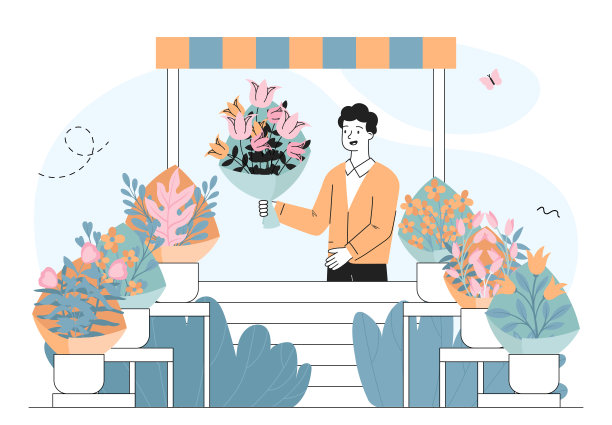 花匠拿着花束。一个卖花的年轻人。开花植物。小企业主。浪漫的礼物和惊喜。线性向量图解图片下载