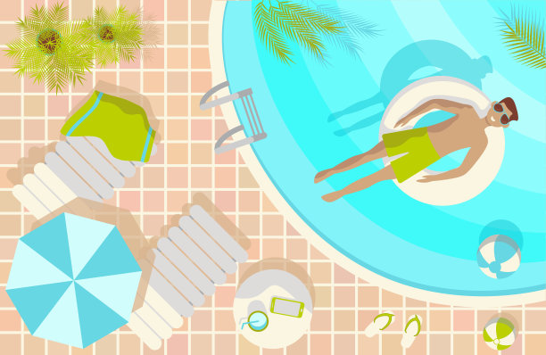 暑假长方形插图，一个人在游泳池穿着泳衣和太阳镜图片下载