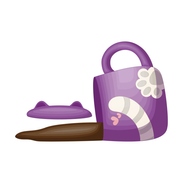 一张紫色猫咪杯的照片，可可洒在了地板上图片下载